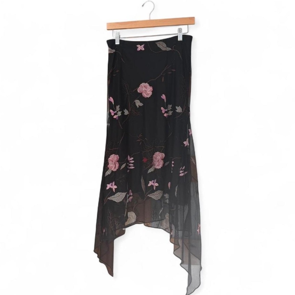 Vintage Hale Bob Black Skirt Floral Embroidery Asymmetrical Sz 2 Whimsical Goth